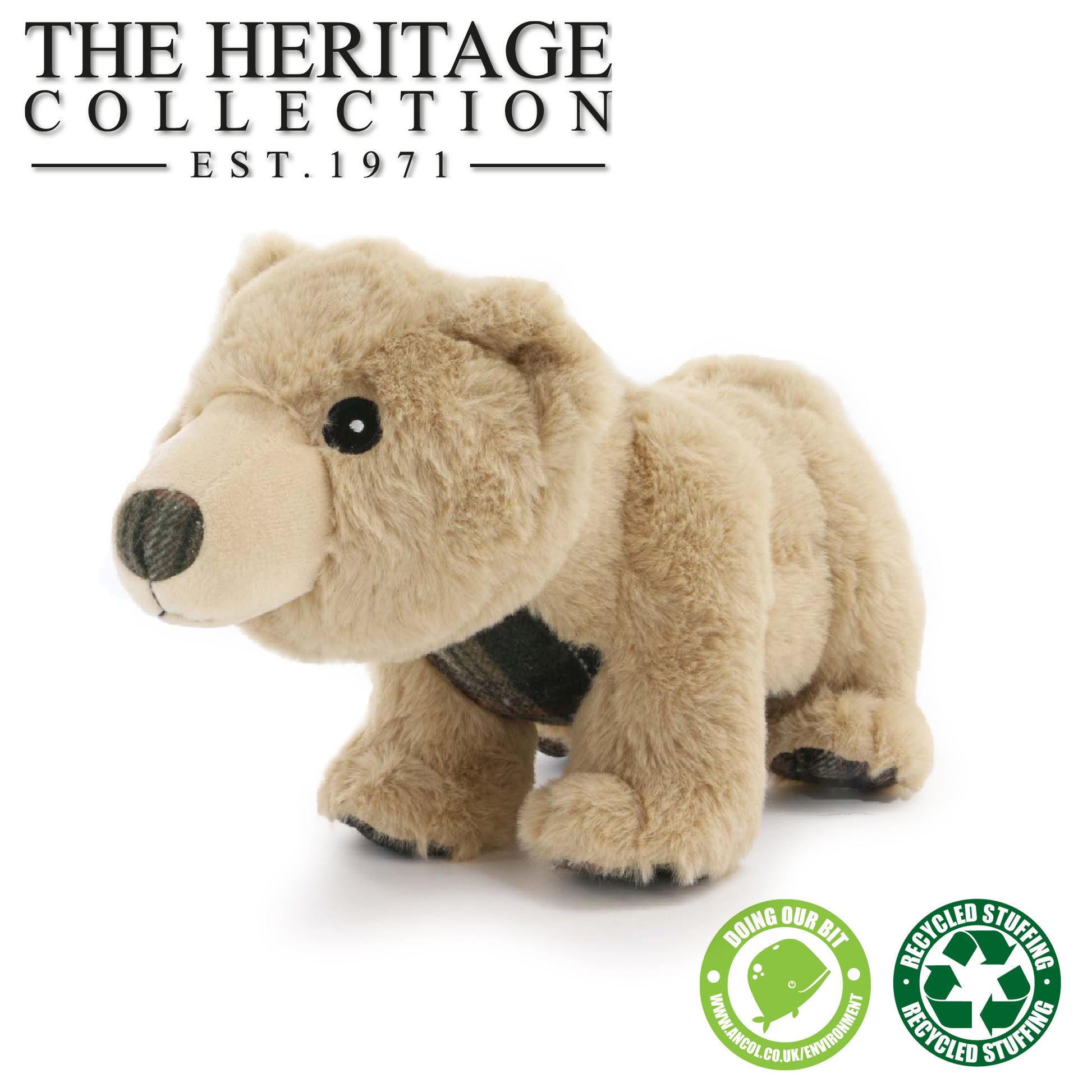 Image shows a golden bear teddy with a tweed tummy, paw pads and nose
