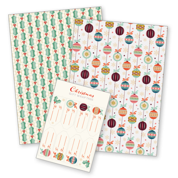 Papel de regalo con adornos navideños