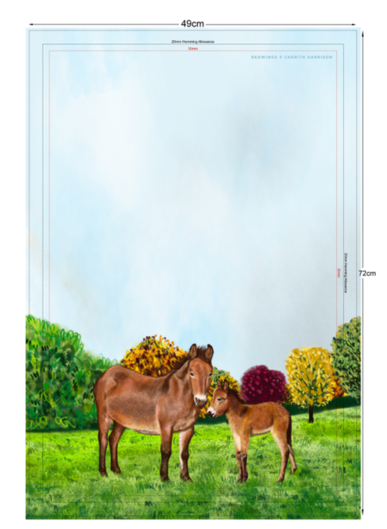 Image shows a cotton tea towel with a beautifully drawn image of our brown mule muffin standing in a grassy field with a line of autumnal colour trees