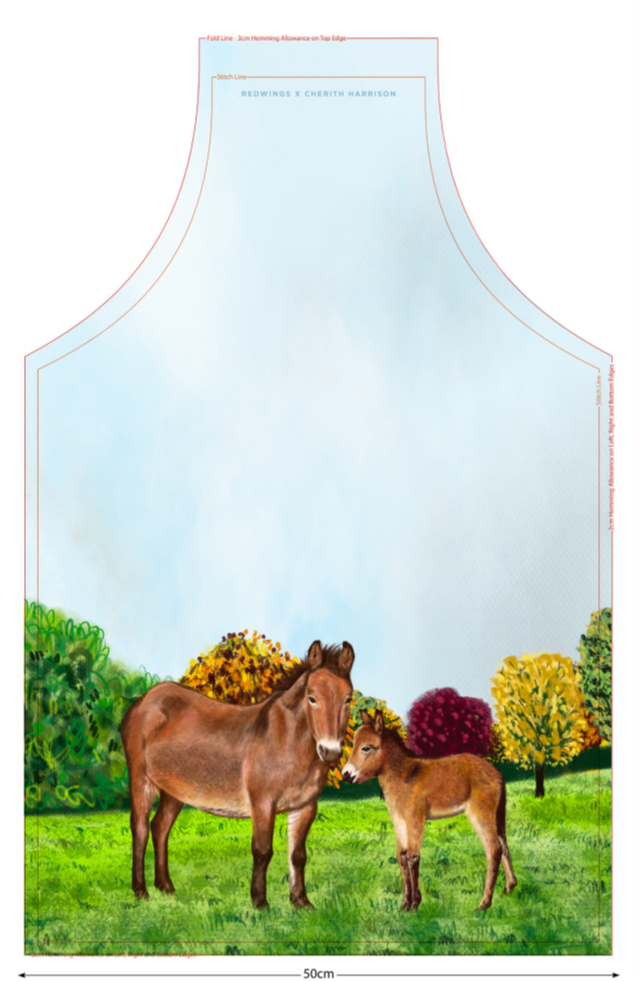 Image shows a cotton apron with a beautifully drawn image of our brown mule muffin standing in a grassy field with a line of autumnal colour trees
