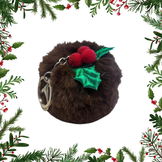 Christmas Pudding Pompom Keyring