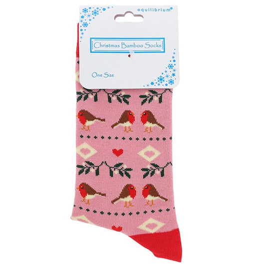 Ladies Xmas Bamboo Socks Misletoe Robin