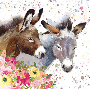 picture shows a watercolour deisgn of a brown and grey donkey with a small area of fbright pinks and yellow florals in the corner