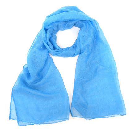 Image shows a lightweight bright blue scarf with subtle silver sparkle throughtout