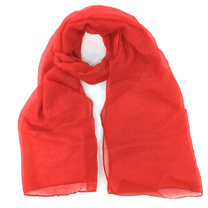 Image shows a lightweight red scarf with subtle silver sparkle throughtout