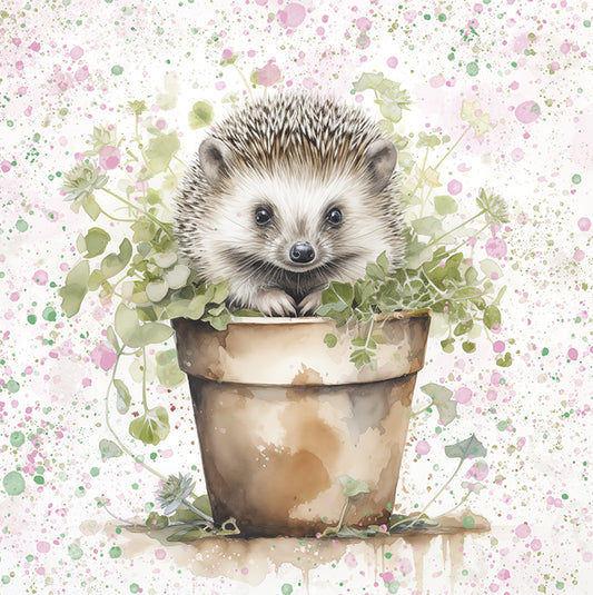 Image shows a watercolour design of a hedgehod sittin in a plant pot filled with green foliage and a pink and green speckled background