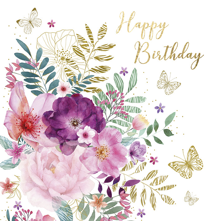 floral card with a mixure of pinks an dpurples on a white background. cards reads happy birthday
