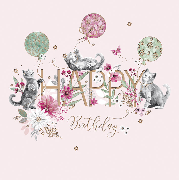pale pink card with a grey cats playing with baloons. pink and white floral wording around the words happy birthday