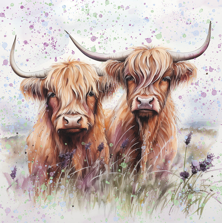 image shows a watercolour design of two highland cows standing in a field finished with purple and green paint platter background