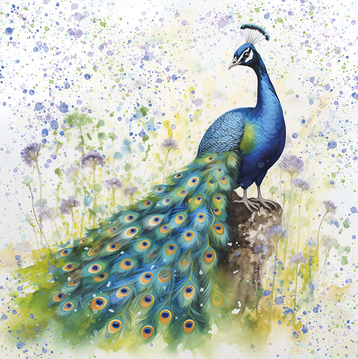 a beautiful watercolour image of a peacock perched on a log. Finished off with a paint splatter background with a mixture of blues, greens and purples