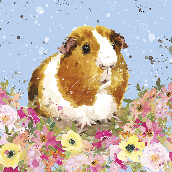 image shows a watercolour design guinea pig sitting on a bright floral area with a bright blue background