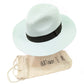 Image shows a mint green panama hat with a black ribbon around the centre