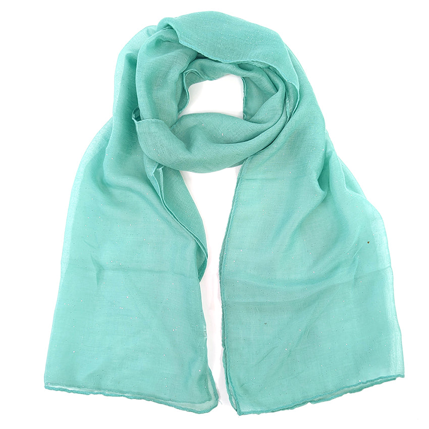 Image shows a lightweight mint green scarf with subtle silver sparkle throughtout