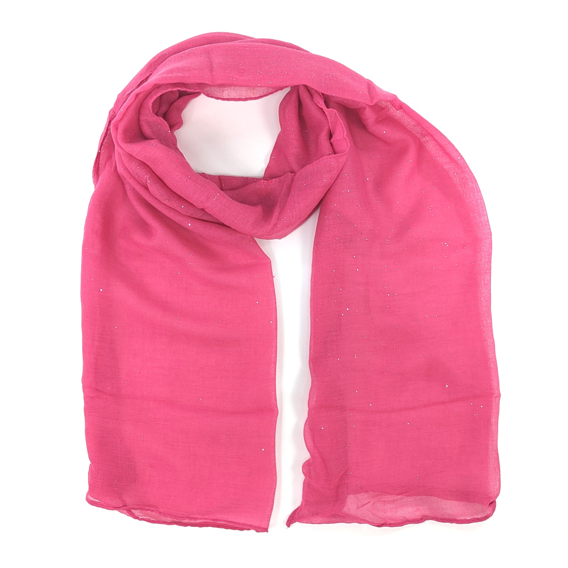 Image shows a lightweigh bright pink scarf with subtle silver sparkle throughtout