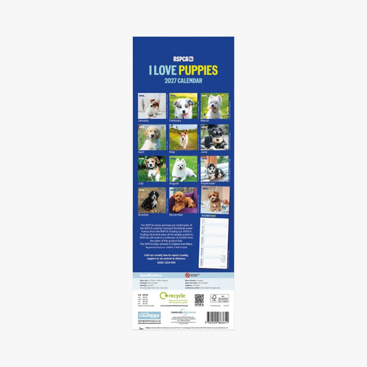 RSPCA I Love Puppies slim calendar 2027