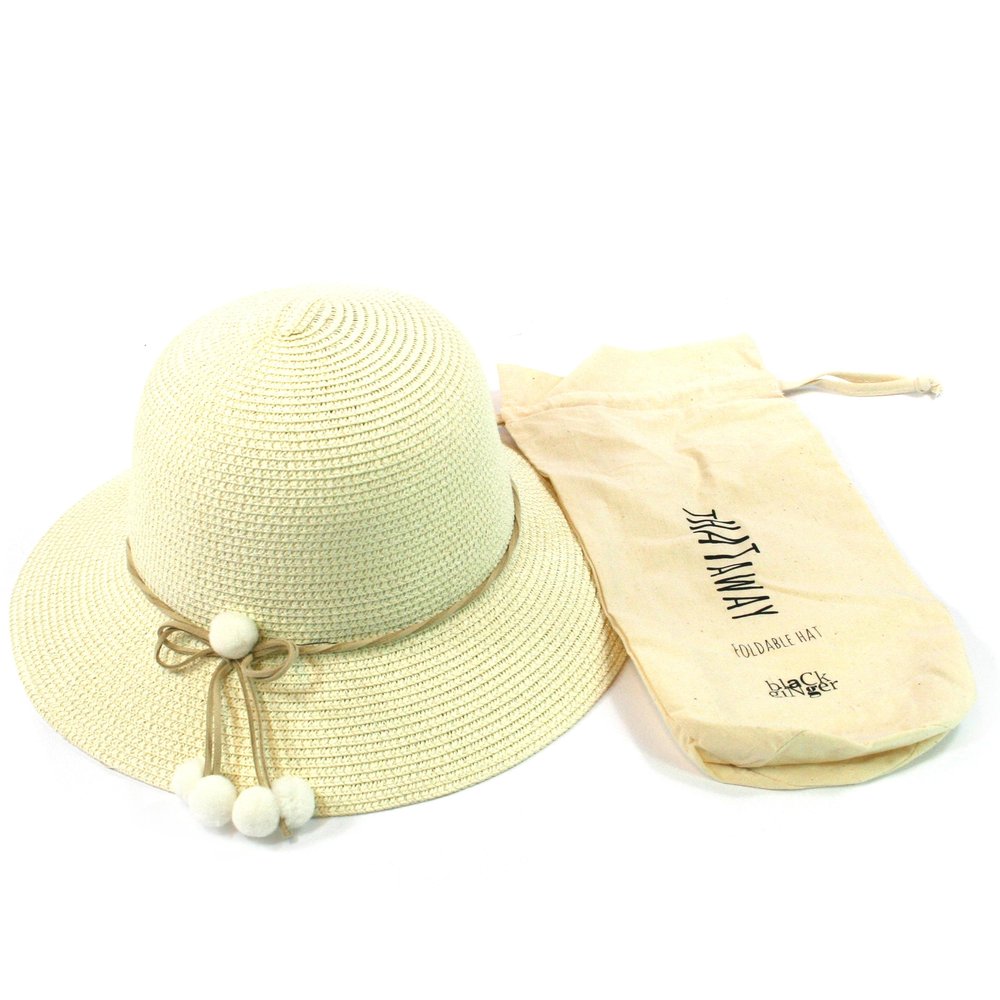 Image shows a cream panama hat with cord around the middle with small white pom poms attatched.