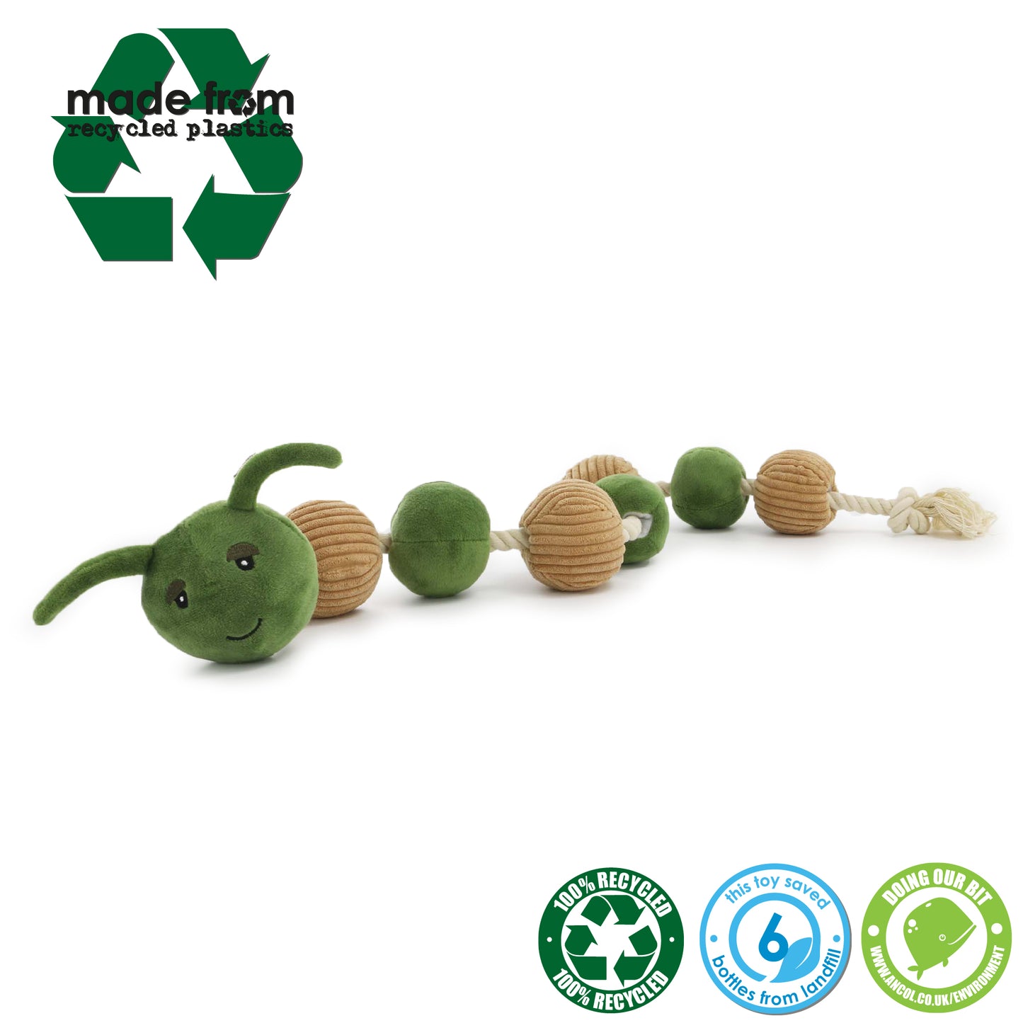 image shows a dog toy rope catapillar made with green and cream balls for the body and a larger head with a sqeaker