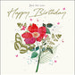 image shows a red flower on a white background mixed with gold butterflies and some green leaves, card reads just for you Happy Birthday