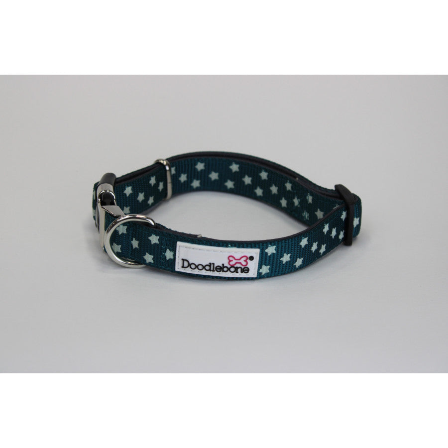 mage shows a teal blue dog collar with light blue stars printed all the way round, finished off with silver and black hardwear.