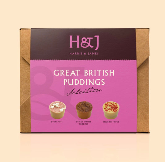 image shows a brown box of chocolates with a bright pink sleeve displaying the three selections of chocolates you get inside the box. the three flavours inside are Eton Mess, Sticky Toffee Pudding and English Trifle