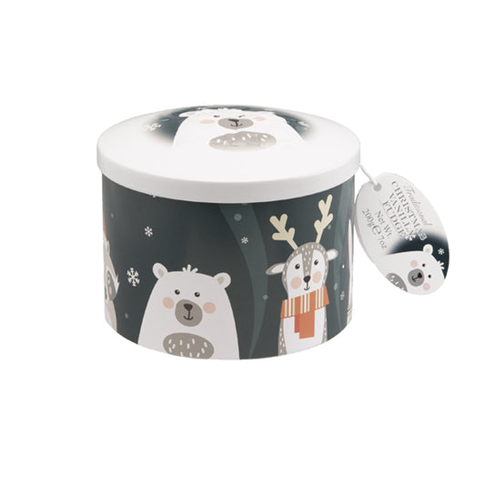 Image shows a round tin with a grey background with a mixture of cartoon festive animlas such as a polar bear, and reindeer