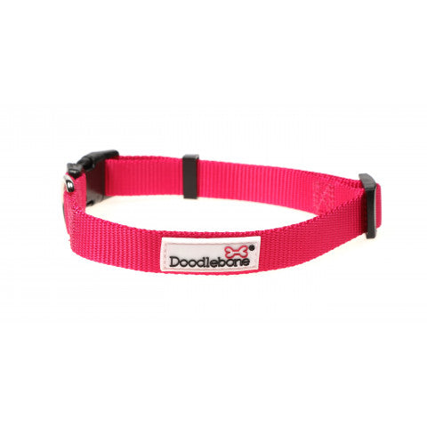image shows a bright pink dog collar with black hardwear and a white doodlebone logo