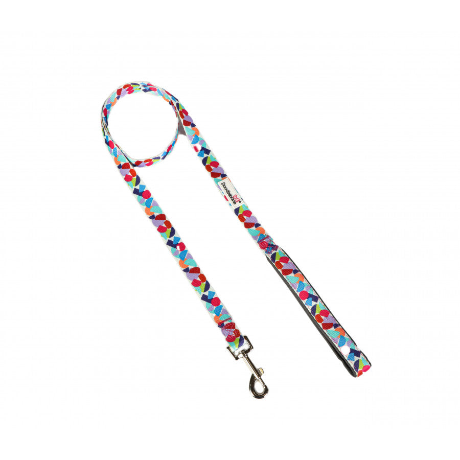 Image shows a bright abstract print dog lead with a mixture of reds, blues, orange and green finished off with  a silver clip and the white doodlebone logo