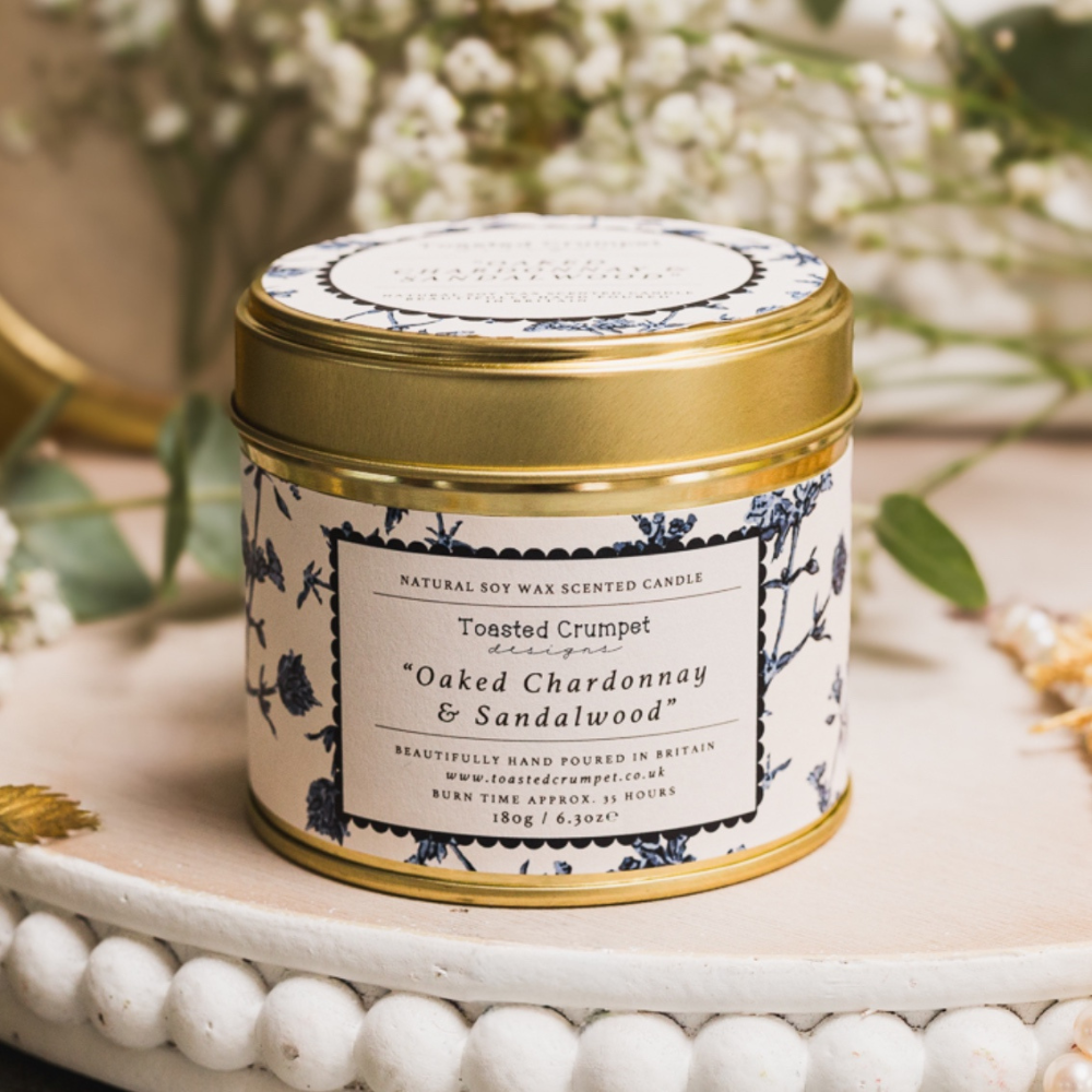Oaked Chardonnay & Sandalwood Candle in a Matt Gold Tin