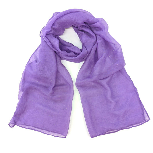 image shows a lilac lightweight scarf with subtle silver sparkle detailing throughout