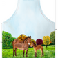 Image shows a cotton apron with a beautifully drawn image of our brown mule muffin standing in a grassy field with a line of  autumnal colour trees 