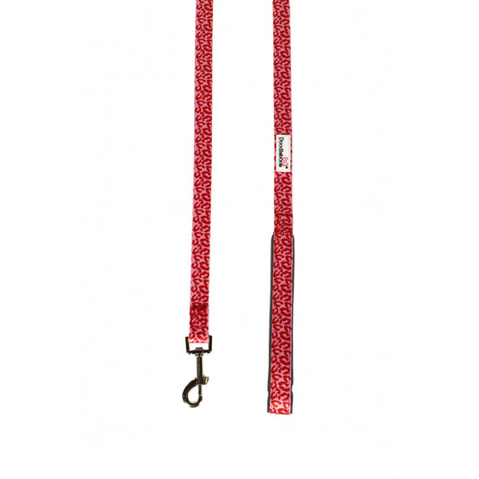 Image shows a bright red and pale pink leopard print design dog lead with silver hardwear and the white Doodlebone logo