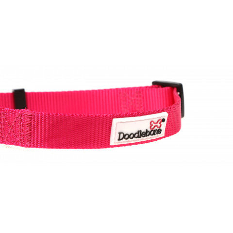 image shows a bright pink dog collar with black hardwear and a white doodlebone logo