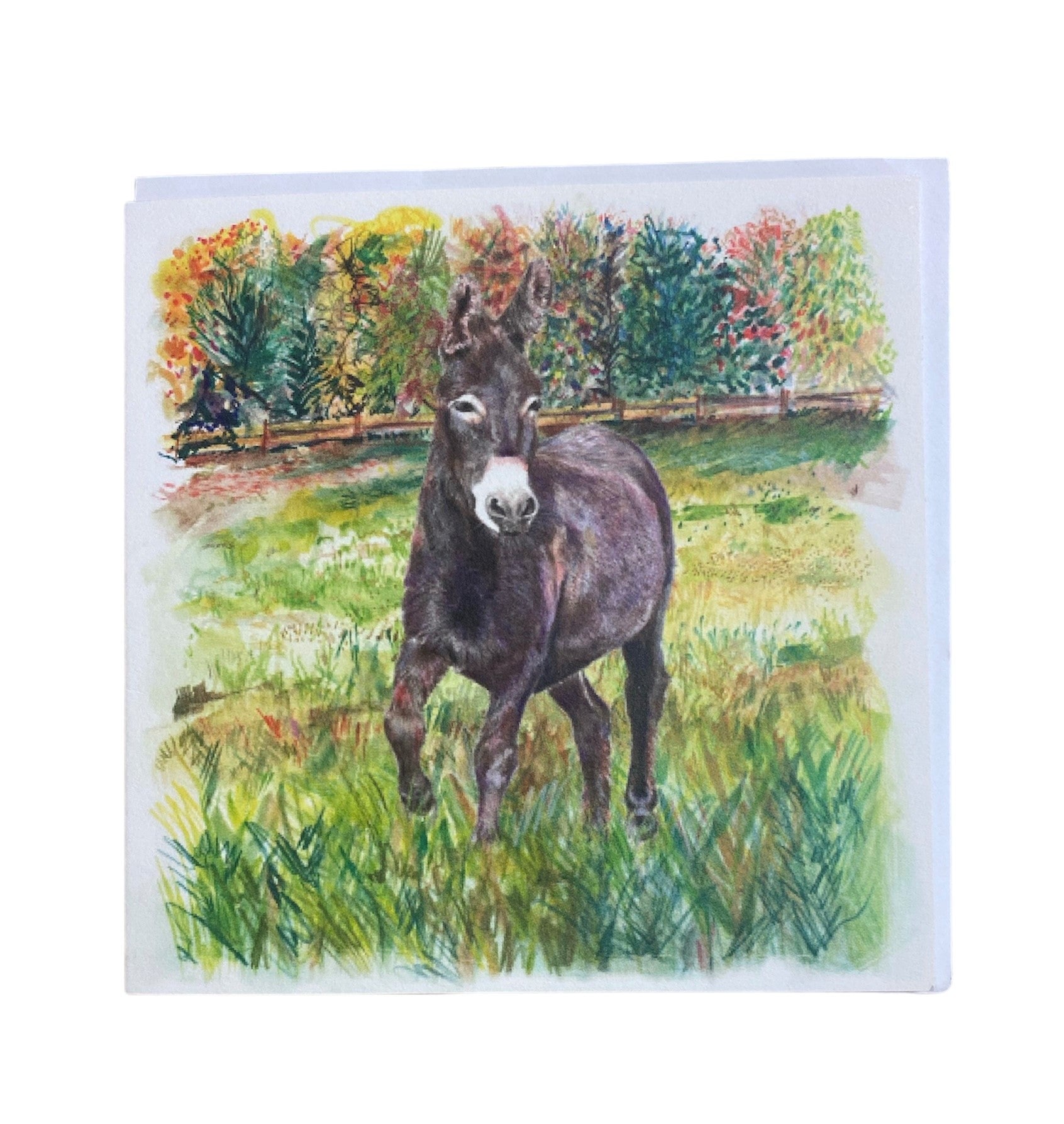 Image shows a beautiful illustration of our brown donkey called Denver standing in a field with a mixture of shades of green trees in the background
