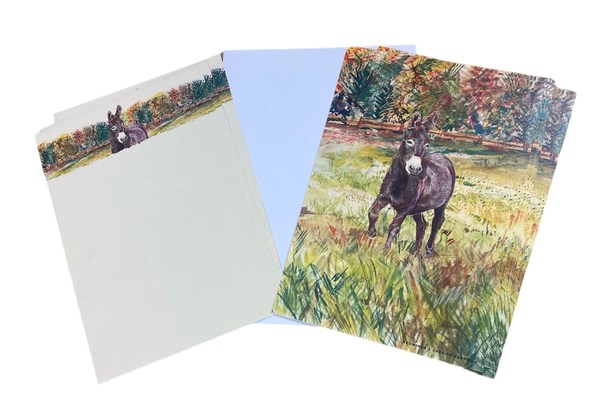 Image shows a set of beautiful illustrated sets of paper of our brown donkey called Denver standing in a field with a mixture of shades of green trees in the background. one page had the image across the top header. The other image fills the whole page.