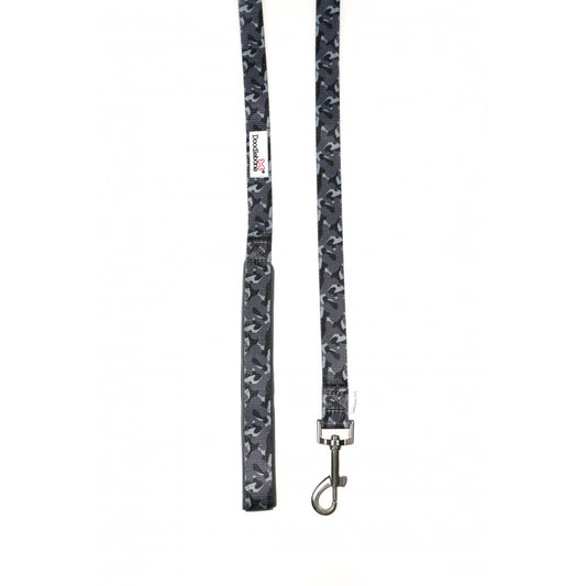 Image shows a black and grey camo print dog lead with silver heardwear and a white doodlebone logo