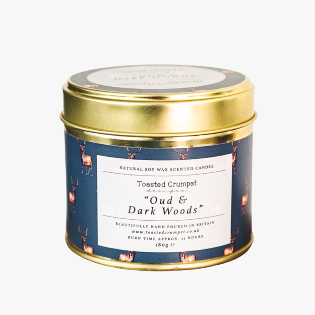 Dark Woods & Oud Candle in a Matt Gold Tin