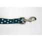 Image shows a teal blue dog lead with light blue stars printed all over, finished off with silver and black hardwear.