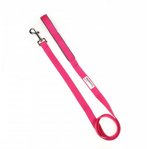 Image shows a birght pink dog lead with a silver hardwear clip and the white Doodlebone logo badge