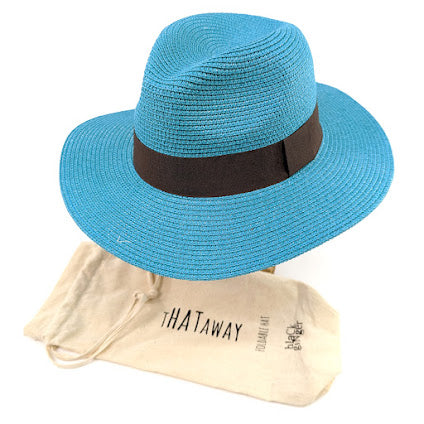 Image shows a bright blue panama hat with a black ribbon around the centre