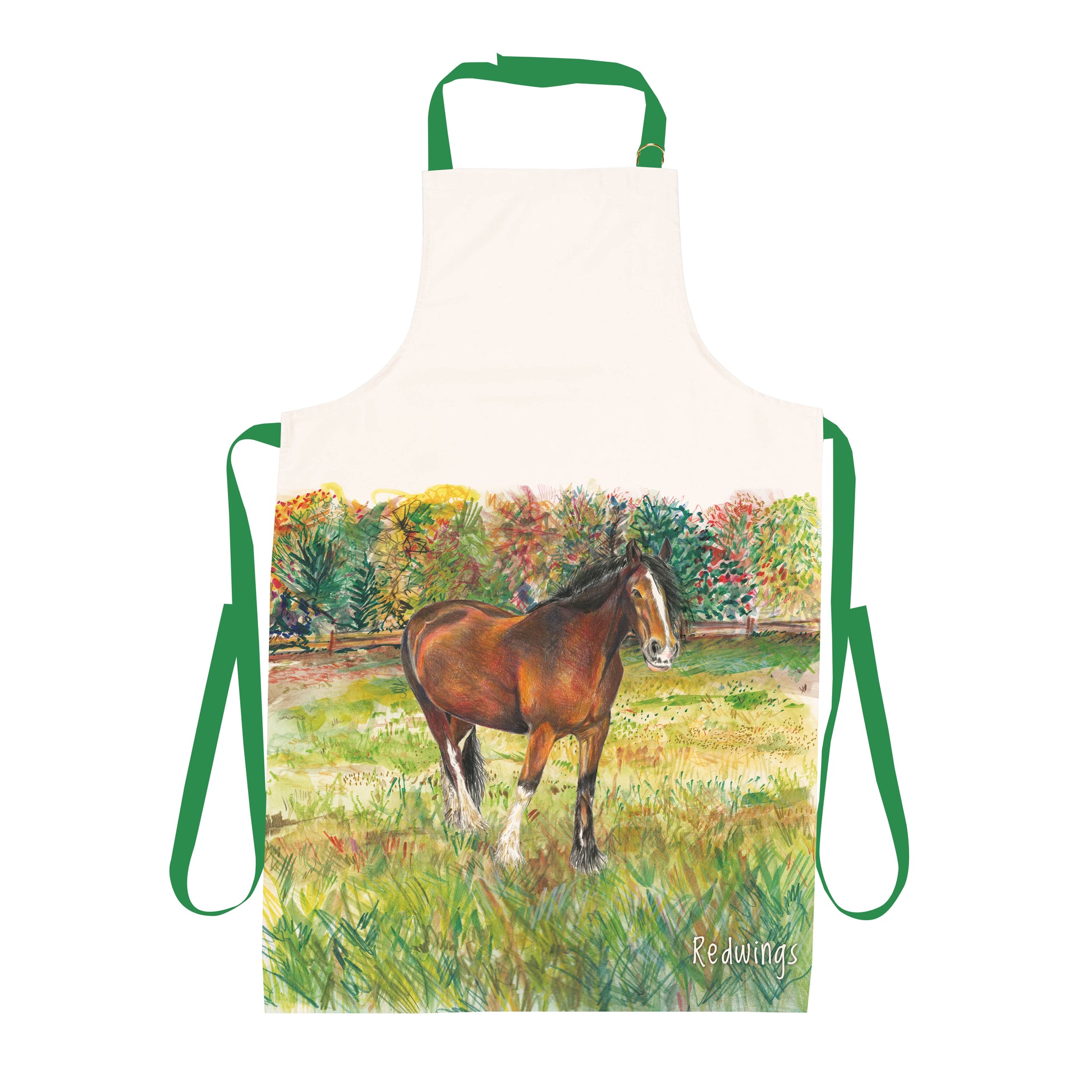 Image shows a cream apron with a beautiful illustration of our shire horse Lady standing in a very green field with different shades of greens throughout the grass and trees