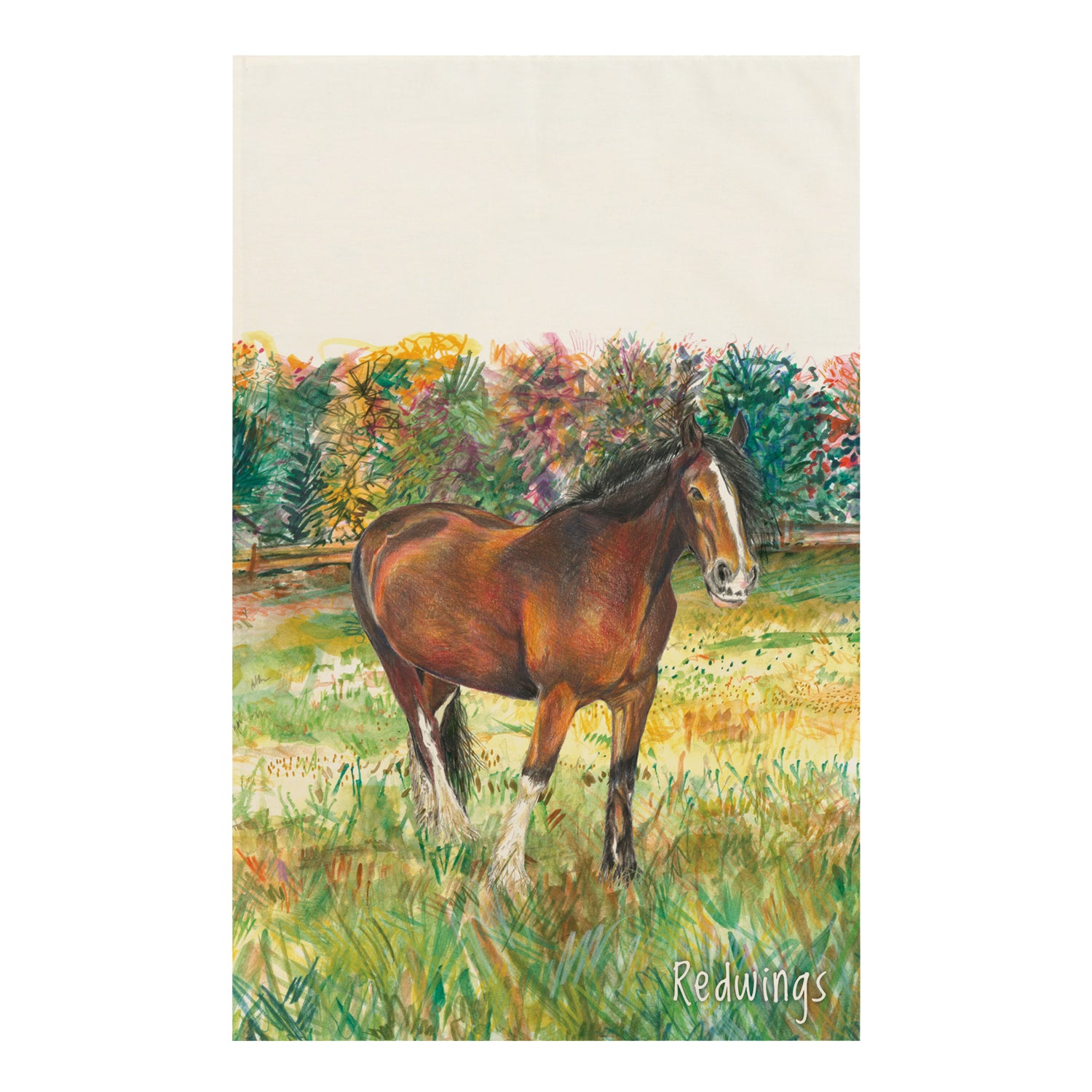 Image shows a cream tea towel with a beautiful illustration of our shire horse Lady standing in a very green field with different shades of greens throughtout the grass and trees