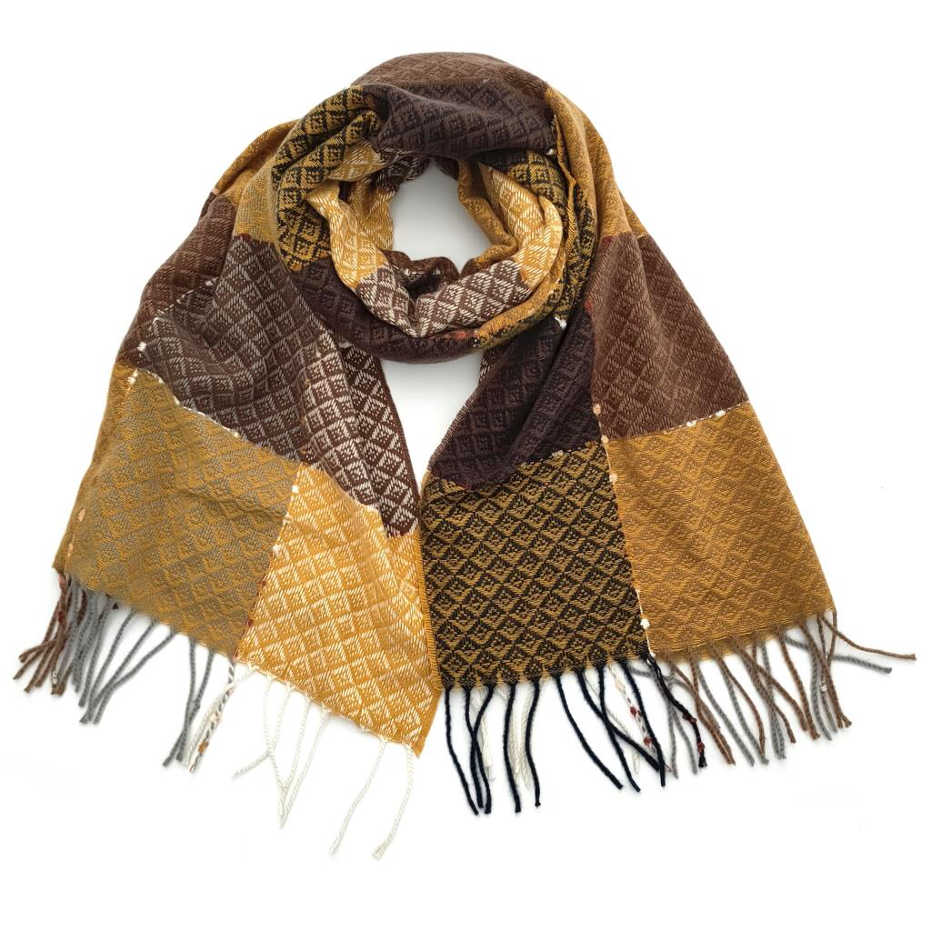 image shows a medium weight scarf with different shades of mustard yellow and browns. Each square section has a criss cross pattern with alternate colours